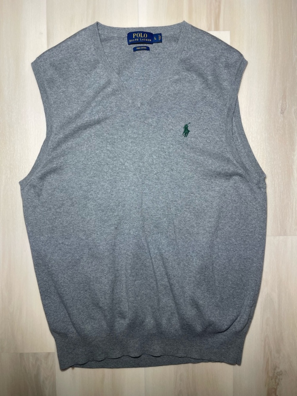 Polo Ralph Lauren Sz L Gray Pima Cotton V-Neck Pullover Sweater green Logo Golf